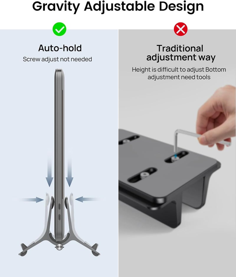 SODI Vertical Laptop Stand for Desk, Gravity Auto Lock MacBook Stand, Aluminum Laptop Holder Vertical Compatible with MacBook Pro, Air, Tablet, Space-Saving Organize Work & Home Office, Gray - Image 3